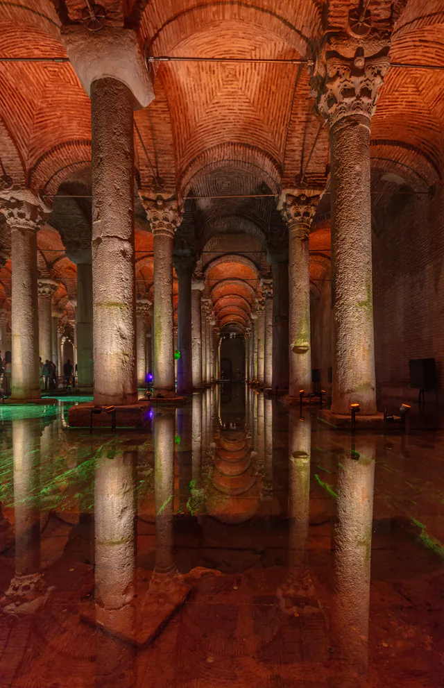 Columns and illuminated walkways inside the Basilica Cistern.