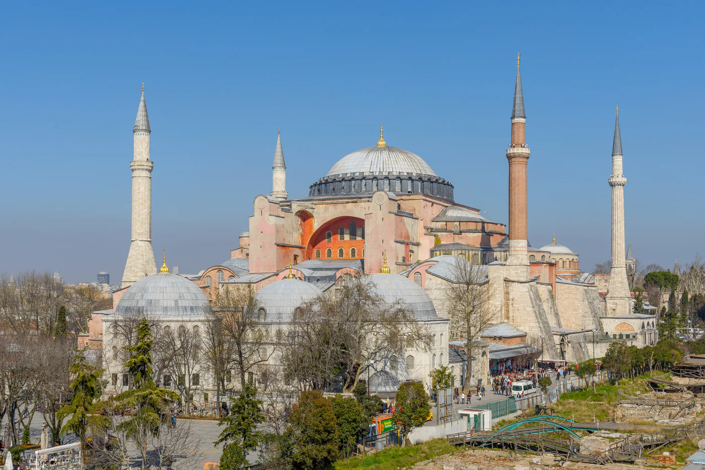 The dome and minarets of Hagia Sophia above the gardens of Sultanahmet