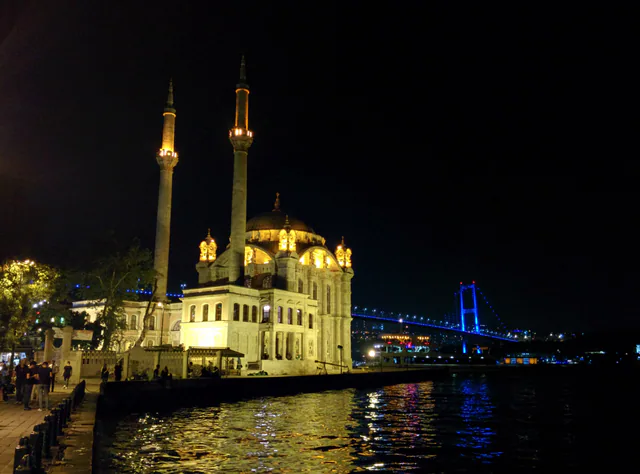 Ortaköy Mosque beside the Bosphorus, with the illuminated bridge behind it.